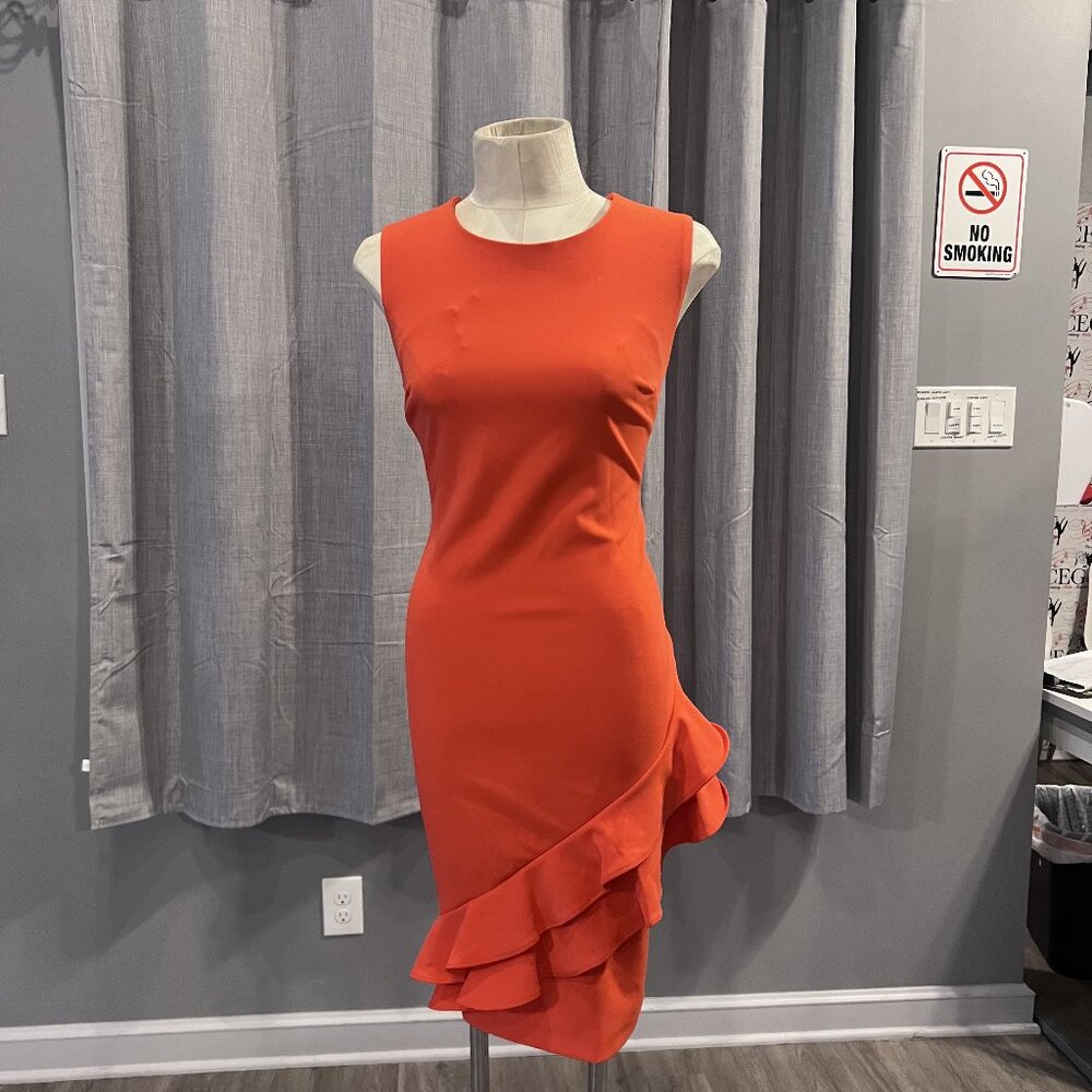Orange Sleeveless Calvin Klein Ruffle-Hem Sheath Dress
